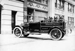 NEW YORK CITY: MARCH 8, 1915 &ndash; FDNY Rescue Company 1, composed of eight firemen, a lieutenant and captain, was assigned a rebuilt 1914 Cadillac touring car (in photo) outfitted with smoke helmets, cutting torches, jacks, resuscitators and hand-tools.