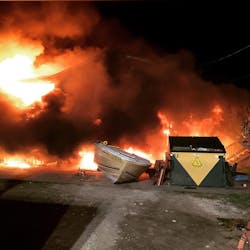 A tank full of gasoline and diesel exploded, engulfing two firefighters on a deck. A tank full of gasoline and diesel exploded, engulfing two firefighters on a deck.