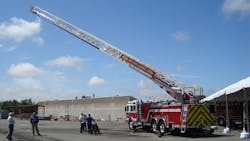 E-ONE has developed its first steel aerial, the HPS 105-foot, four-section straight stick aerial. The ladder is made of DOMEX steel and sits on the same truck and uses the same designs and systems current aluminum aerials. E-ONE has developed its first steel aerial, the HPS 105-foot, four-section straight stick aerial. The ladder is made of DOMEX steel and sits on the same truck and uses the same designs and systems current aluminum aerials.