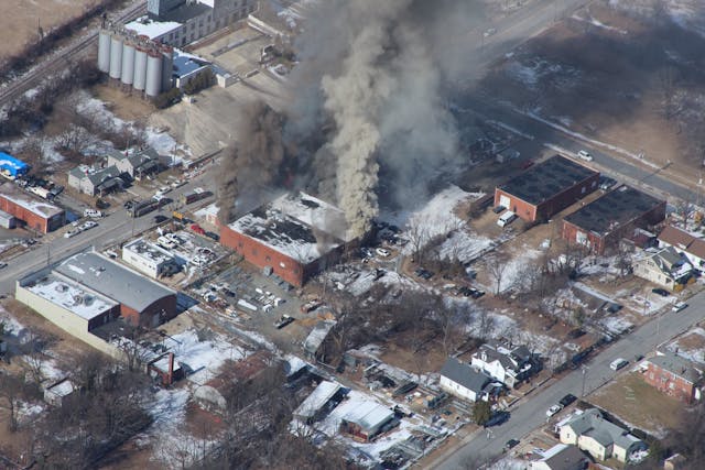 A view of the fire scene from a Sheriff&rsquo;s Department aircraft as firefighters prepare to attack the fire.