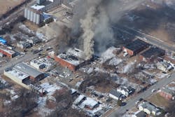 A view of the fire scene from a Sheriff’s Department aircraft as firefighters prepare to attack the fire. A view of the fire scene from a Sheriff’s Department aircraft as firefighters prepare to attack the fire.