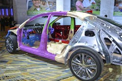 Photo 1: The purple-color represents Hot Stamped Ultra-High Strength steels. The green represents steel with a 980 KPa tensile strength. Even the tan color is 590 KPa tensile strength steel. Photo 1: The purple-color represents Hot Stamped Ultra-High Strength steels. The green represents steel with a 980 KPa tensile strength. Even the tan color is 590 KPa tensile strength steel.