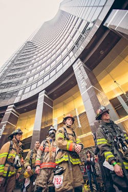Firefighters line up to climb 1,311 steps of Seattle's Columbia Center Tower. Firefighters line up to climb 1,311 steps of Seattle's Columbia Center Tower.