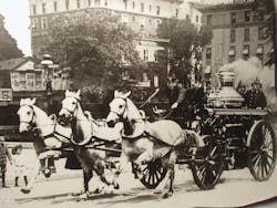 FDNY Engine Company 74 responding along Broadway circa 1900.
