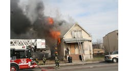 MARCH 29: CHICAGO, IL &mdash; A dozen fire companies responded to a blaze that destroyed a vacant home. Crews encountered heavy fire from the 2 1/2-story home and used a defensive attack, including Tower Ladder 39&apos;s elevated master stream.