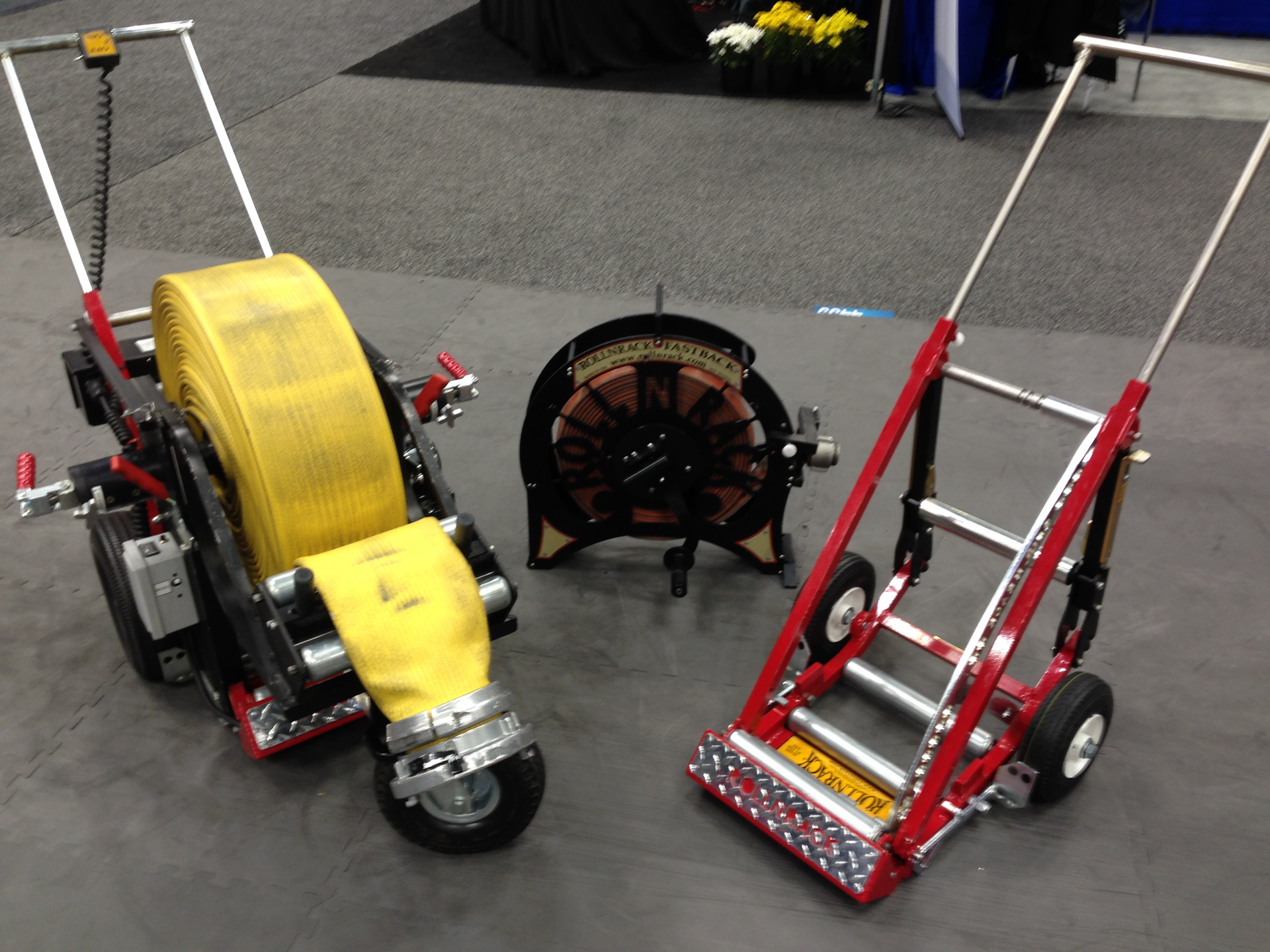 RollNRack showcased the Efficiency Package for hose racking. It includes one Power Roller, one GO-Pack, one Extra Coupling Jaw set and one extra battery pack and charger.