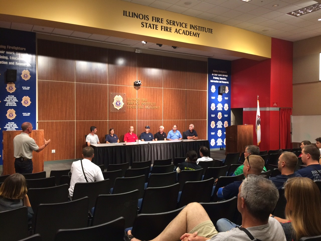 Firehouse Editor-in-Chief Tim Sendelbach moderates a panel discussion at the Illinois Fire Service Institute Monday night.
