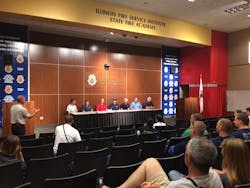 Firehouse Editor-in-Chief Tim Sendelbach moderates a panel discussion at the Illinois Fire Service Institute Monday night.