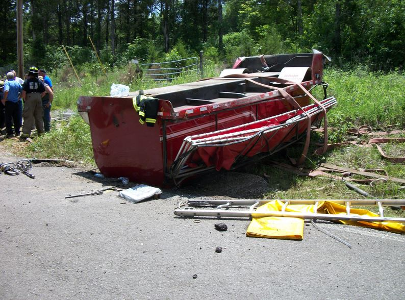 The tank separated from the chassis when this tanker went off the road and rolled over in Tennessee.