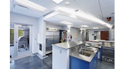 Stainless steel surfaces are easy to clean and can withstand the abuse that is common in the fire station kitchen. Here is Cincinnati, Ohio, Fire Station 9, featuring stainless steel counters, sinks and appliances.