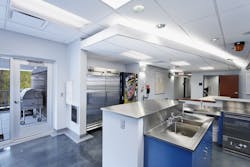 Stainless steel surfaces are easy to clean and can withstand the abuse that is common in the fire station kitchen. Here is Cincinnati, Ohio, Fire Station 9, featuring stainless steel counters, sinks and appliances.