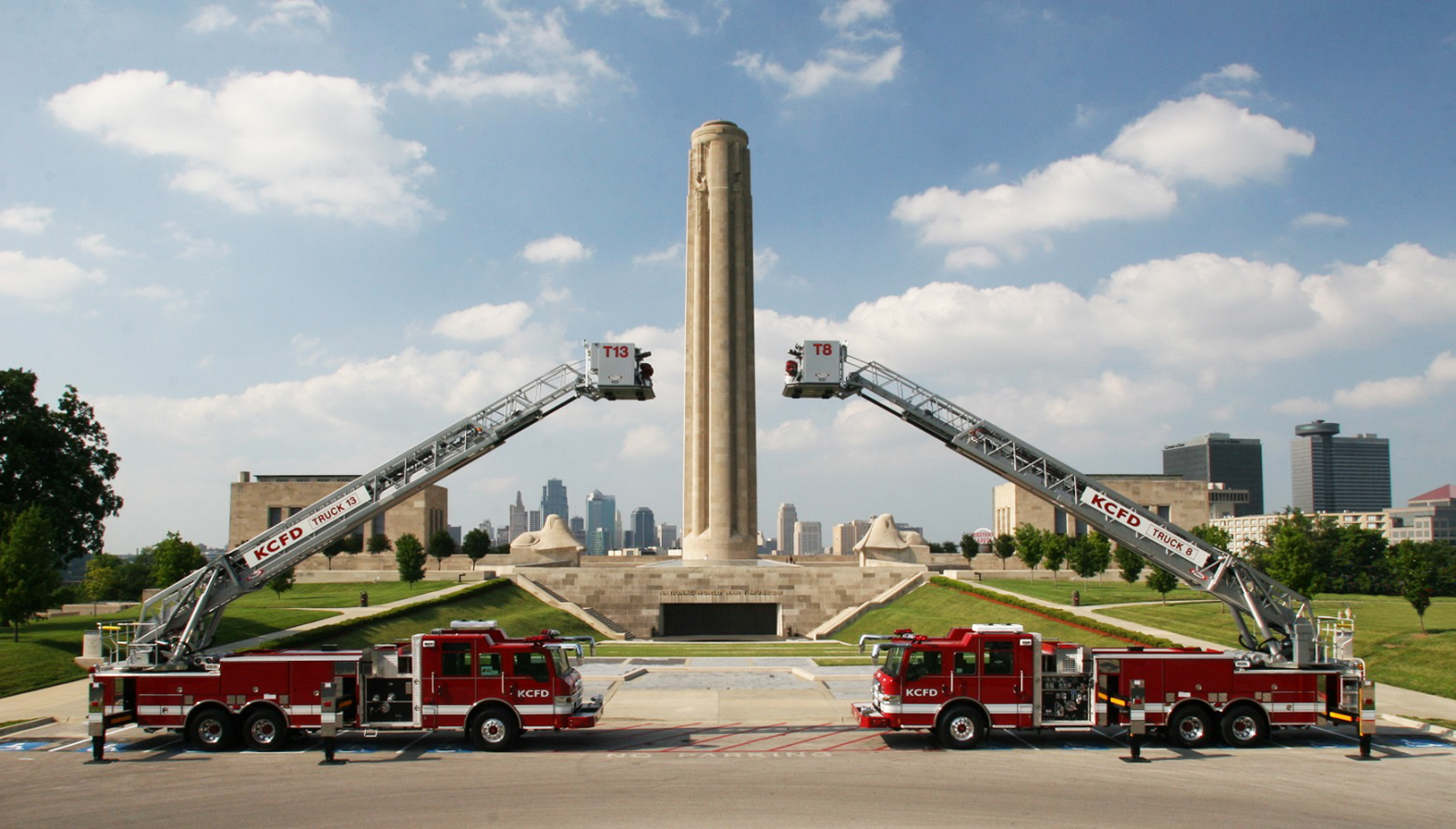 Pierce announced an order for 48 Pierce custom fire and emergency vehicles from the Kansas City Fire Department, including pumpers, aerial and rescue apparatus. Shown here are two Pierce aerial platform apparatus from their current fleet.