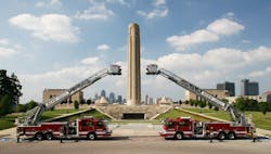 Pierce announced an order for 48 Pierce custom fire and emergency vehicles from the Kansas City Fire Department, including pumpers, aerial and rescue apparatus. Shown here are two Pierce aerial platform apparatus from their current fleet.