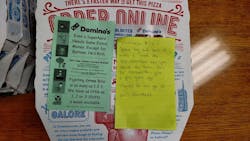The note left by resident Kris Jernstedt on a box of Dominos Pizza. The note left by resident Kris Jernstedt on a box of Dominos Pizza.
