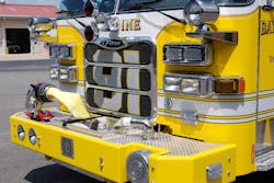 This reinforced steel bumper protects the front suction piping, discharge and hosewell. Note how the mechanical siren is recessed into the bumper with several points where the bumper is bolted to the front extension. This reinforced steel bumper protects the front suction piping, discharge and hosewell. Note how the mechanical siren is recessed into the bumper with several points where the bumper is bolted to the front extension.