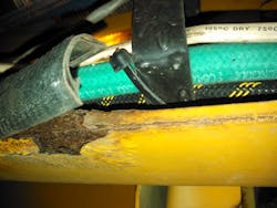 These finish painted frame rails are on a 17-year-old pumper with some corrosion damage in areas where water was trapped inside of the split loom. These finish painted frame rails are on a 17-year-old pumper with some corrosion damage in areas where water was trapped inside of the split loom.