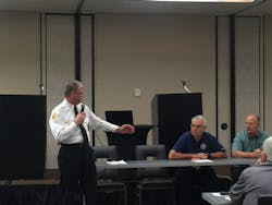 Todd LeDuc, (left to right) talks with Keith Tyson of the Firefighter Cancer Support Network and Rick Mason with the National Fallen Firefighters Foundation. Todd LeDuc, (left to right) talks with Keith Tyson of the Firefighter Cancer Support Network and Rick Mason with the National Fallen Firefighters Foundation.