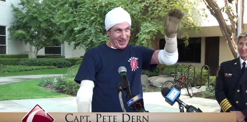 Fresno Capt. Pete Dern thanks his caregivers as he leaves the hospital.
