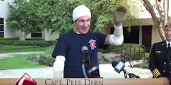 Fresno Capt. Pete Dern thanks his caregivers as he leaves the hospital.