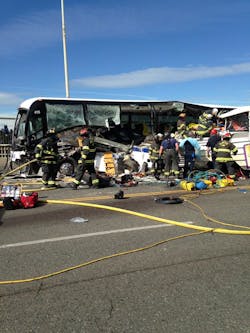 Two people are dead, and others seriously injured as buses collide on a bridge. Two people are dead, and others seriously injured as buses collide on a bridge.