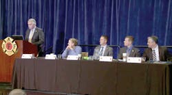 Pat Morrison, IAFF Assistant General President for Health, Safety and Medicine (left) briefs career firefighters on the increasing problem of post-traumatic stress and suicide in the fire service during the IAFF Redmond Symposium in Washington, D.C. this summer. Pat Morrison, IAFF Assistant General President for Health, Safety and Medicine (left) briefs career firefighters on the increasing problem of post-traumatic stress and suicide in the fire service during the IAFF Redmond Symposium in Washington, D.C. this summer.