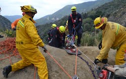 Fire personnel from the Los Angeles County Fire Department, the Angeles National Forest and Los Angeles County Sheriff&apos;s Department&apos;s search-and-rescue team conduct USAR training in Pasadena, CA.