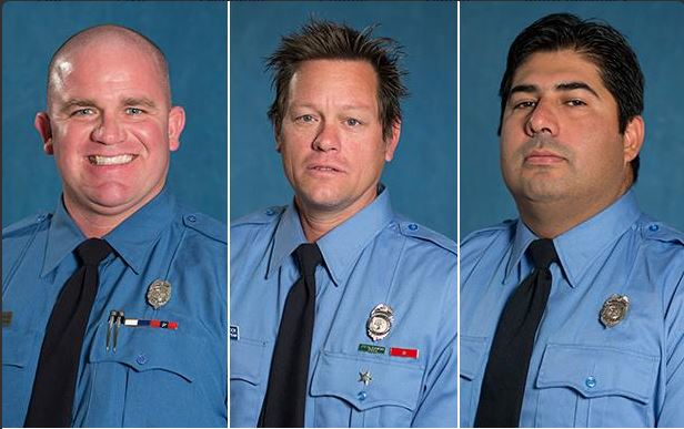 Austin Firefighter Jeremy Burke (left to right), Lt. Willie Cook and Firefighter Jimmy Casares were burned after the floor they were working on collapsed Sunday morning.