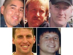 Firefighters Pablo Cerda, (clockwise from top left) Capt. Mark Loutzenhiser, Jason McKay, Daniel Hoover-Najera and Jess McLean were killed during the 2006 Esperanza Fire. Firefighters Pablo Cerda, (clockwise from top left) Capt. Mark Loutzenhiser, Jason McKay, Daniel Hoover-Najera and Jess McLean were killed during the 2006 Esperanza Fire.