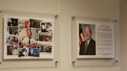 A collage of photographs of Glenn Gaines graces the wall.