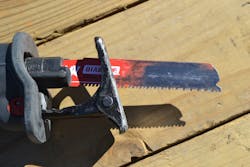 The Diablo-carbide-tipped reciprocating saw blade was able to cut through the A-pillar and the thick walls of the VW Gun Barrel Boron steel pipe. The Diablo-carbide-tipped reciprocating saw blade was able to cut through the A-pillar and the thick walls of the VW Gun Barrel Boron steel pipe.