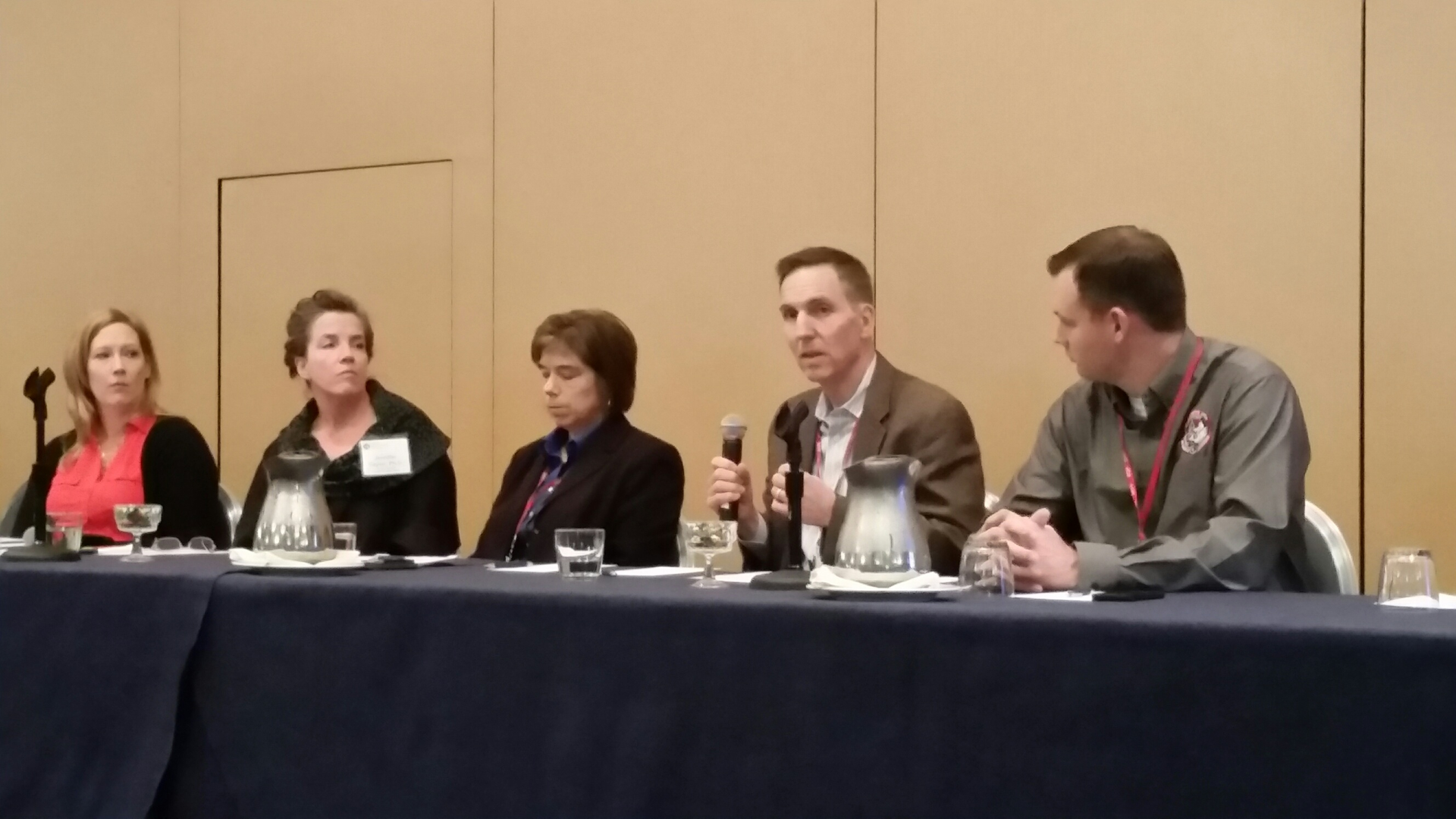 Panelists include from left, Maggie Wilson from FEMA, Dr. Jennifer Taylor from Drexel University, Dr. Denise Smith from Illinois Fire Service Institute, Dr. Jeff Taylor from University of Arizona and Steve Kerber from the UL Firefighter Safety Research Institute.