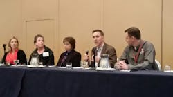 Panelists include from left, Maggie Wilson from FEMA, Dr. Jennifer Taylor from Drexel University, Dr. Denise Smith from Illinois Fire Service Institute, Dr. Jeff Taylor from University of Arizona and Steve Kerber from the UL Firefighter Safety Research Institute. Panelists include from left, Maggie Wilson from FEMA, Dr. Jennifer Taylor from Drexel University, Dr. Denise Smith from Illinois Fire Service Institute, Dr. Jeff Taylor from University of Arizona and Steve Kerber from the UL Firefighter Safety Research Institute.