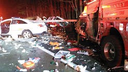 The cab of this 2002 Pierce Quantum was ripped off and tossed several feet away. The cab of this 2002 Pierce Quantum was ripped off and tossed several feet away.