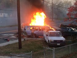 A church van bursts into flames after it was hit by a truck. A church van bursts into flames after it was hit by a truck.