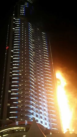 A fire engulfs The Address Hotel in downtown Dubai in the United Arab Emirates hours before a large New Year fireworks display was set to start nearby from the Burj Khalifa tower, the world's largest building, on Dec. 31, 2015. A fire engulfs The Address Hotel in downtown Dubai in the United Arab Emirates hours before a large New Year fireworks display was set to start nearby from the Burj Khalifa tower, the world's largest building, on Dec. 31, 2015.