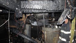 A view of the basement into which two SFD firefighter fell while fighting a fire in a single-family dwelling. A view of the basement into which two SFD firefighter fell while fighting a fire in a single-family dwelling.