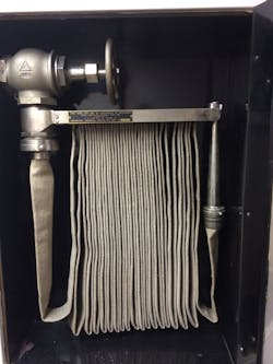 Occupant-use hoselines (1½-inch single-jacket) found in existing Class II or Class III standpipe systems are typically 100 feet in length, leading to the assumption, in many cases, that by adding another 50 feet to allow connection on the floor below, an engine company would have enough working length to cover the entire floor. Occupant-use hoselines (1½-inch single-jacket) found in existing Class II or Class III standpipe systems are typically 100 feet in length, leading to the assumption, in many cases, that by adding another 50 feet to allow connection on the floor below, an engine company would have enough working length to cover the entire floor.