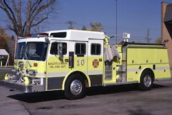 Young produced the first four-door, raised-roof cab pumper to the Bailey&rsquo;s X Roads Fire Department in 1983. Note the four crosslay attack lines and hydraulic valve controls at the pump panel.