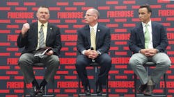 John Salka, right, makes a point about fireground tactics during a Firehouse World show floor presentation moderated by Firehouse Editor-in-Chief Tim Sendelbach, center, and Derek Alkonis, an assistant chief of the Los Angeles County Fire Department.