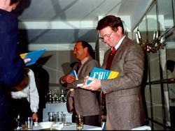 Chief Vincent Dunn autographs a book at a signing party held at the Gramercy Park Hotel in 1988, celebrating the publication of his book Collapse of Burning Buildings. Chief Vincent Dunn autographs a book at a signing party held at the Gramercy Park Hotel in 1988, celebrating the publication of his book Collapse of Burning Buildings.