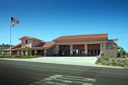 The station was designed using a combination of plaster and stone veneer similar to adjacent homes. The station was designed using a combination of plaster and stone veneer similar to adjacent homes.