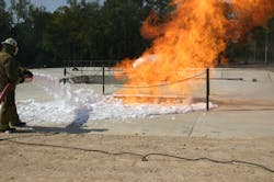 Alcohol-resistant, aqueous film-forming foam (AR-AFFF) needs to be applied to fires where ethanol is involved. The polymer in AR-AFFF prevents the foam blanket from degrading. Alcohol-resistant, aqueous film-forming foam (AR-AFFF) needs to be applied to fires where ethanol is involved. The polymer in AR-AFFF prevents the foam blanket from degrading.