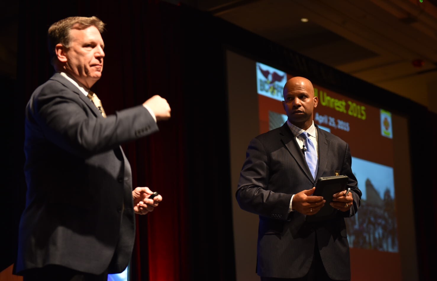 Baltimore assistant fire chiefs Mark Wagner (left) and Jeffrey Segal talk about the lessons learned following the April 2015 riots.