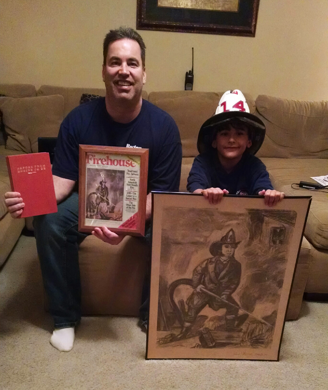 Dan Byrne sits with this copy of Dennis Smith&rsquo;s Report from Engine Company 82 and the first issue of Firehouse Magazine. His son Nathan holds a hand-drawn rendition of Firehouse Magazine&rsquo;s inaugural cover drawn by his great Uncle Bobby Byrne, Boston Fire Department &lsquo;61 to &lsquo;78, as Nathan wears the helmet of the grandfather whom he never met.