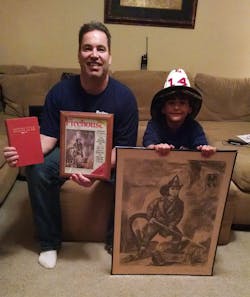 Dan Byrne sits with this copy of Dennis Smith’s Report from Engine Company 82 and the first issue of Firehouse Magazine. His son Nathan holds a hand-drawn rendition of Firehouse Magazine’s inaugural cover drawn by his great Uncle Bobby Byrne, Boston Fire Department ‘61 to ‘78, as Nathan wears the helmet of the grandfather whom he never met. Dan Byrne sits with this copy of Dennis Smith’s Report from Engine Company 82 and the first issue of Firehouse Magazine. His son Nathan holds a hand-drawn rendition of Firehouse Magazine’s inaugural cover drawn by his great Uncle Bobby Byrne, Boston Fire Department ‘61 to ‘78, as Nathan wears the helmet of the grandfather whom he never met.