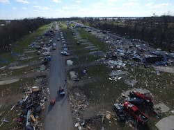 This image captured by a State Fire Marshal's drone shows the extent of the search area and the damage. This image captured by a State Fire Marshal's drone shows the extent of the search area and the damage.