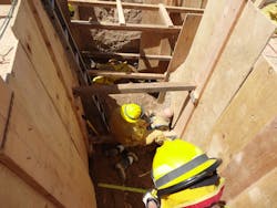 Three-fourth-inch panel with 2 x 12 uprights and 4 x 4 struts during training exercise. Three-fourth-inch panel with 2 x 12 uprights and 4 x 4 struts during training exercise.
