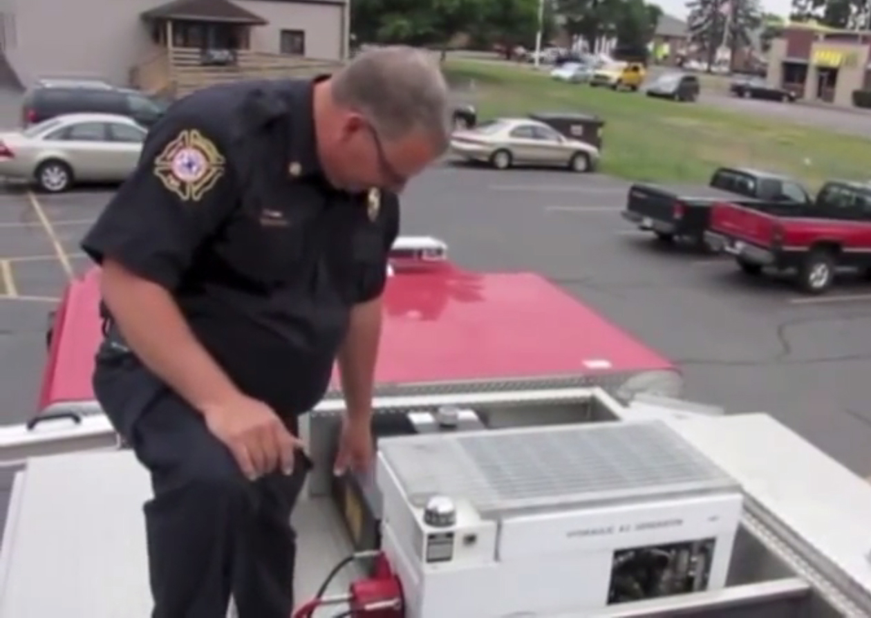 Generators, like this SmarPower unit, can be installed in apparatus dunnage areas.