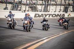 Karen Davidson, great-granddaughter of the company co-founder, riding a 2016 CVO Pro Street Breakout, leads a group military personnel and first responders on an honorary lap around Daytona International Speedway. Karen Davidson, great-granddaughter of the company co-founder, riding a 2016 CVO Pro Street Breakout, leads a group military personnel and first responders on an honorary lap around Daytona International Speedway.