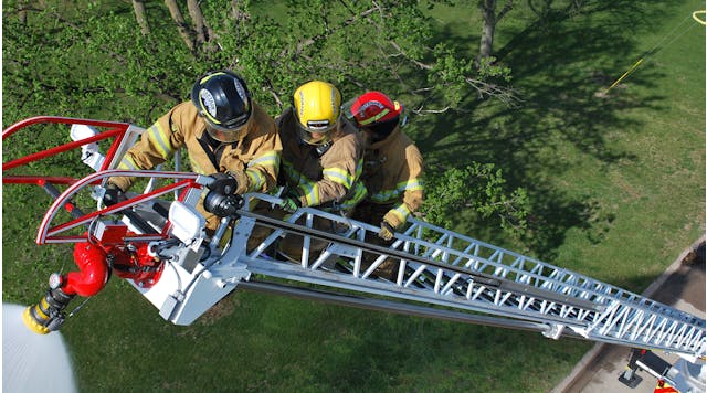 Smeal Fire Apparatus uses steel to construct its full line of aerials including rear-mount straight sticks. Smeal says firefighters should consider tip loads and flow rates rather than construction materials when making purchasing decisions.